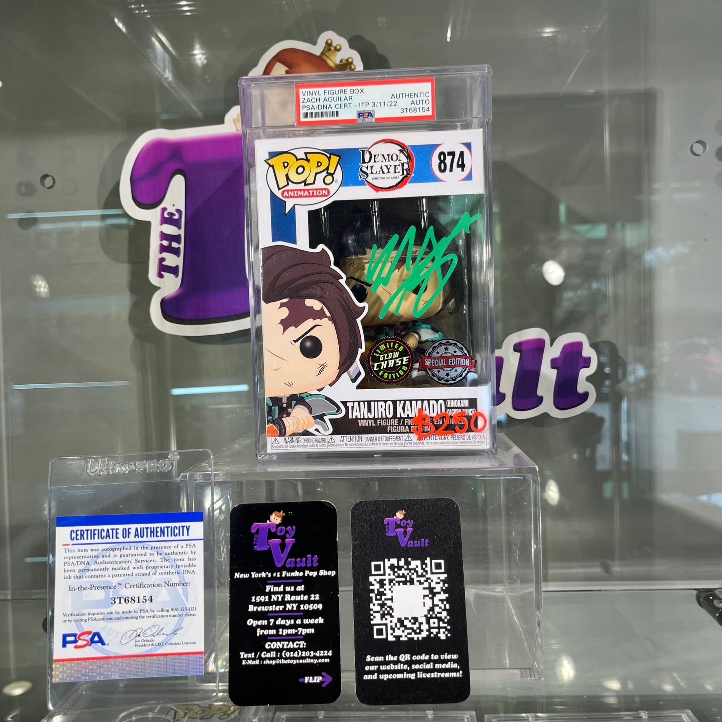 Funko Pop! Animation Demon Slayer - Tanjiro Kamado (Hinokami Kagura Dance) #874 Glow in the Dark Chase Special Edition Exclusive Signed by Zack Aguilar PSA Encapsulated