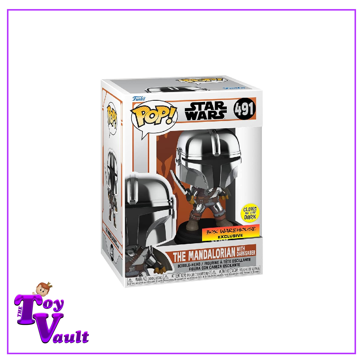 Funko Pop! Star Wars The Mandalorian - The Mandalorian with Darksaber #491 Glow in the Dark Box Warehouse Exclusive