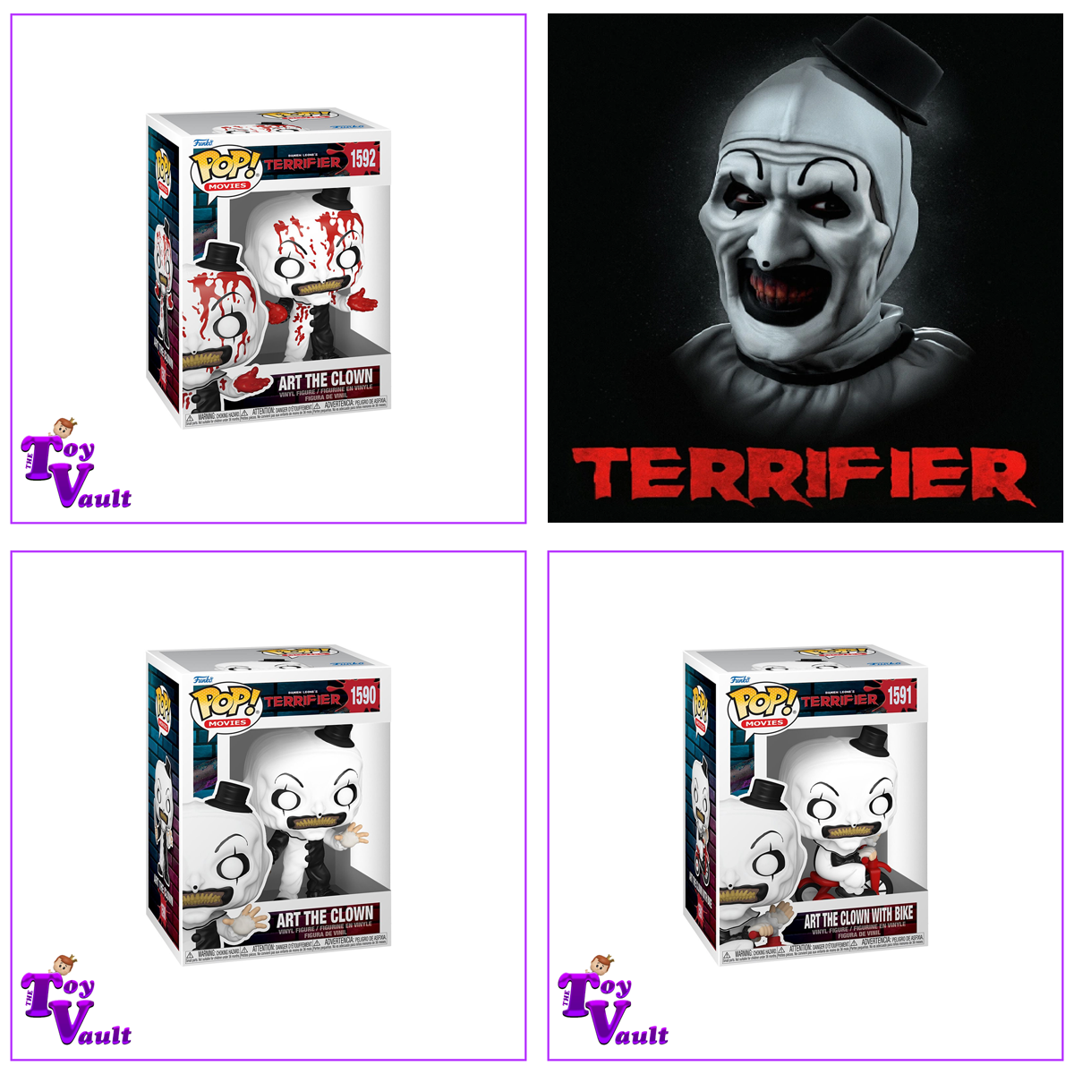 Funko Pop! Horror Movies Terrifier - Art the Clown Set of 3 (Art with Knife #1590, Art on Bike #1591, Bloody Art #1592) Preorder