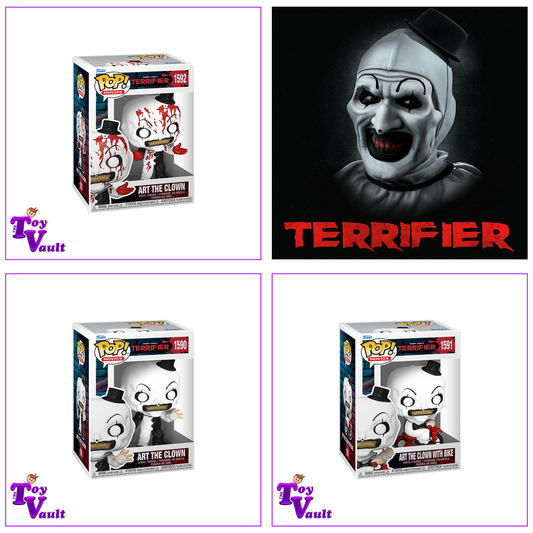 Funko Pop! Horror Movies Terrifier - Art the Clown Set of 3 (Art with Knife #1590, Art on Bike #1591, Bloody Art #1592) Preorder